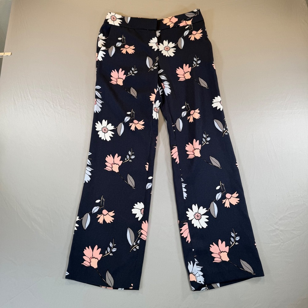 Ann Taylor LOFT Navy Blue Floral Wide Leg‎ Pants Size 0 High Rise Cottagecore